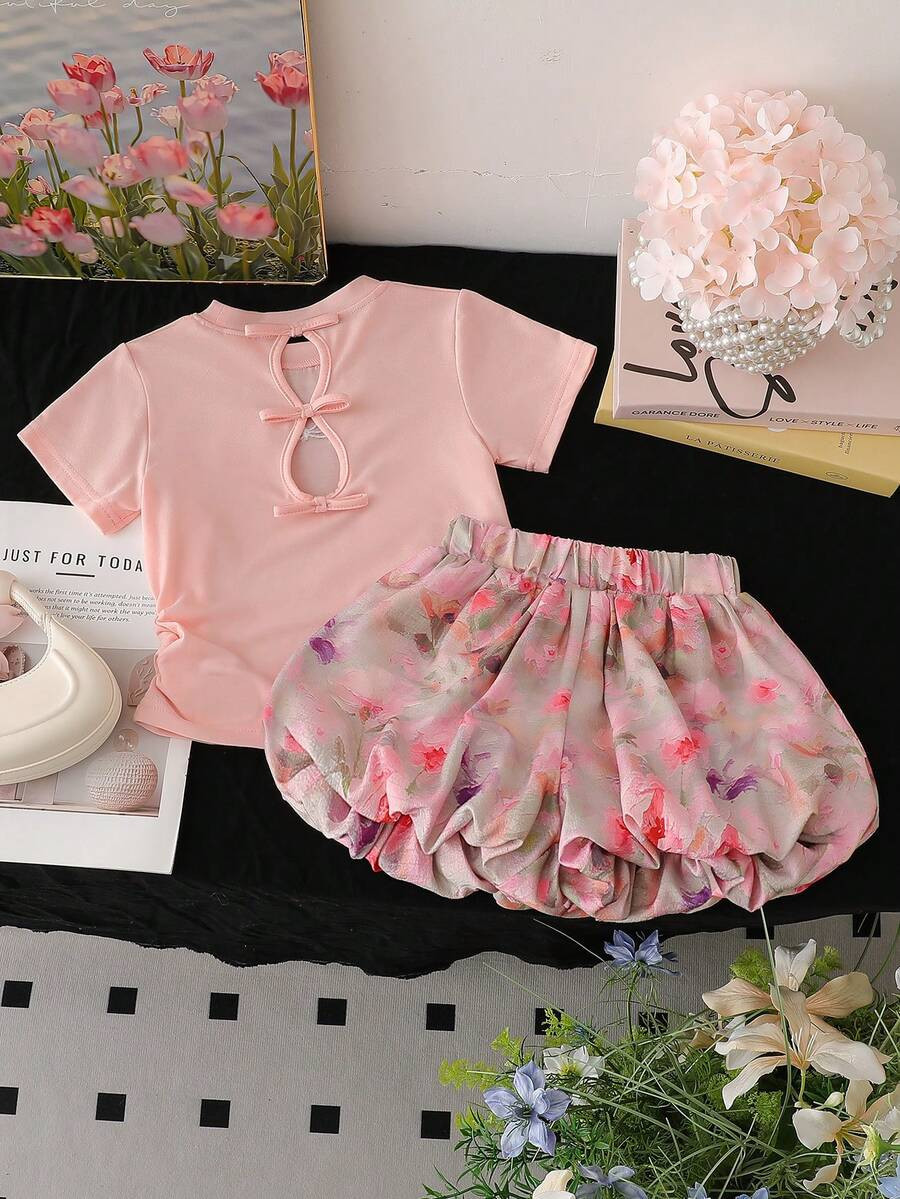 Genkimix Kids 2026 New Girls Summer Outfit, Children Pink Bow Short Sleeve T-Shirt & Floral Short... | SHEIN