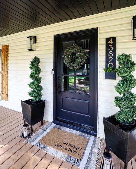 Front porch refresh: front door decor, front door wreath, address plaque, artificial outdoor trees, doormat 

#LTKSeasonal #LTKHome #LTKStyleTip