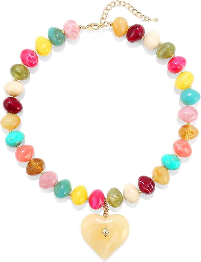Elegance 11 designs Chunky Heart Necklace for Women, Colorful Acrylic Beaded Statement Puff Heart... | Amazon (US)