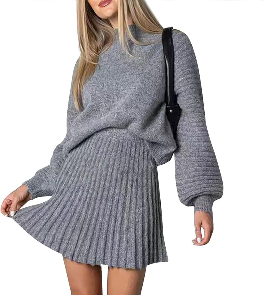 Women's Casual Two Piece Outfits Long Sleeve Ribbed Knit Top and Pleated Mini Skirt Oversized Pul... | Amazon (US)
