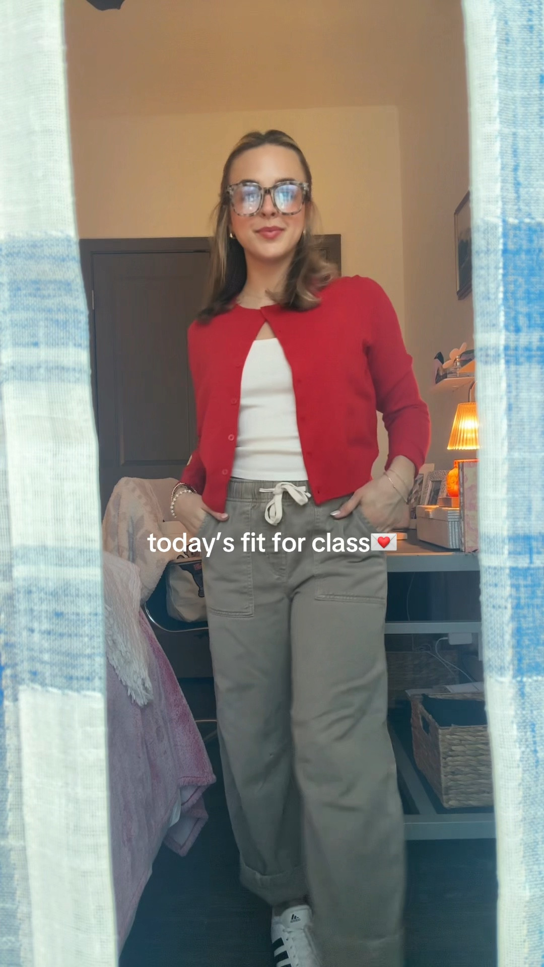 fit for class💌 Red Cardigan, Gap Soft Pull on Barrel Pants, Amazon Blue Light Glasses, Jewelry, Adidas Sneakers 

#LTKstyletip #LTKSeasonal #LTKshoecrush