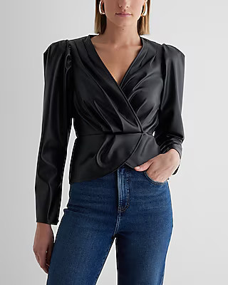 Faux Leather Puff Shoulder Draped Faux Wrap Peplum Top | Express