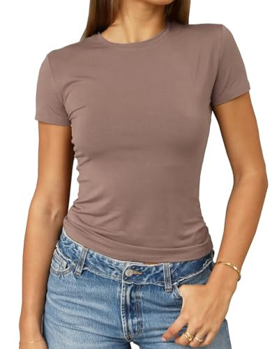 Abardsion Women's Casual Basic Going Out Crop Tops Slim Fit Short Sleeve Crew Neck Tight T Shirts 2026 (Taupe, XS) | Amazon (US)