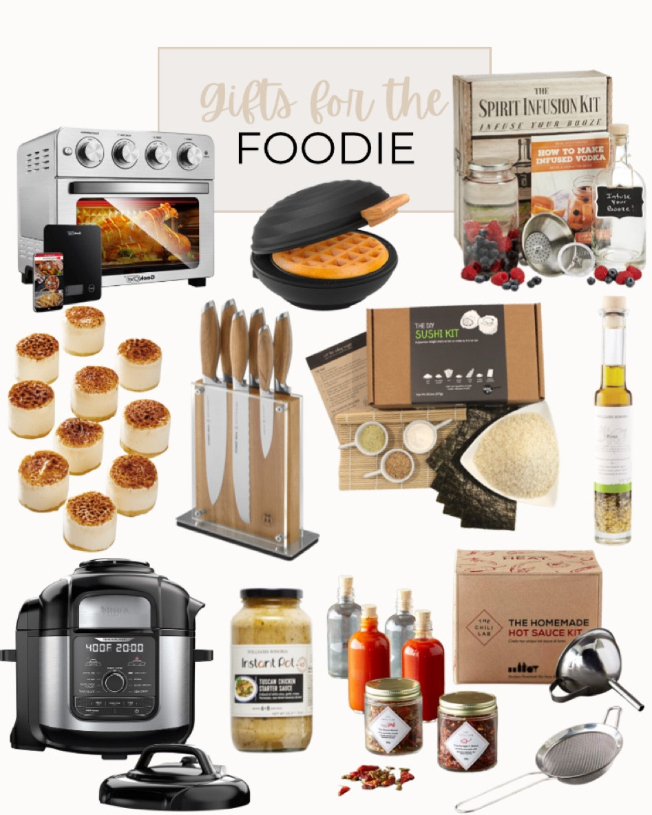 Gifts for the foodie include Schmidt Brothers Bonded Teak Knives, Geek Chef Air Fryer, 7-in-1 Air Fryer Oven, Crème Brûlée Mini Ice Cream Cakes, Ninja Foodi 12-in-1 Deluxe XL 8 qt. Pressure Cooker & Air Fryer, The Chili Lab Homemade Hot Sauce Kit, Mini Waffle Maker Machine, DIY sushi kit, Spirit Infusion Kit, and Dip and Drizzle Olive Oil.

Gift guide, gifts for him, gifts for her, foodie gifts, cooking gifts, food gifts

#LTKunder100 #LTKhome #LTKmens