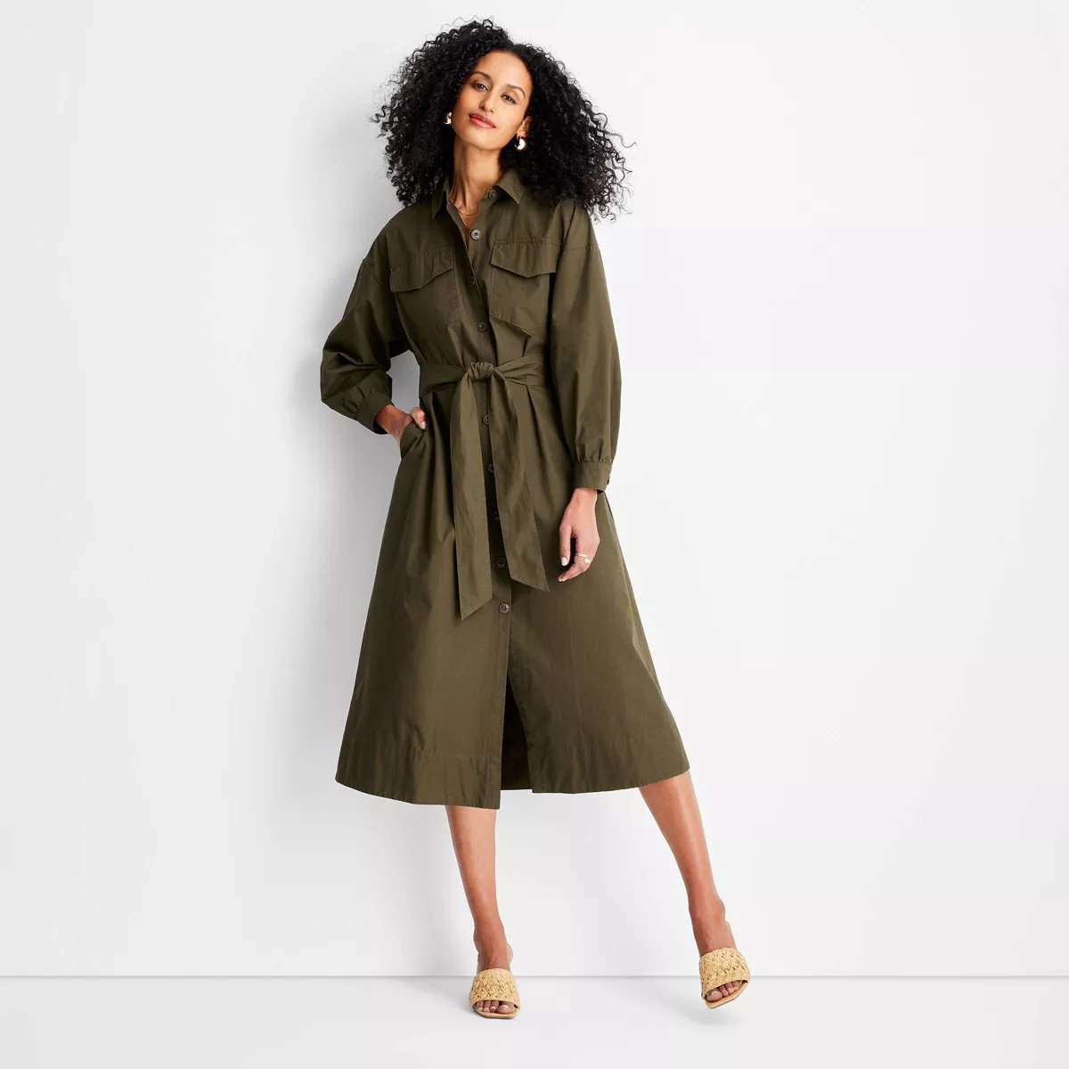 Women's Belted Maxi Shirtdress - Future Collective Dark Olive Green M | Target