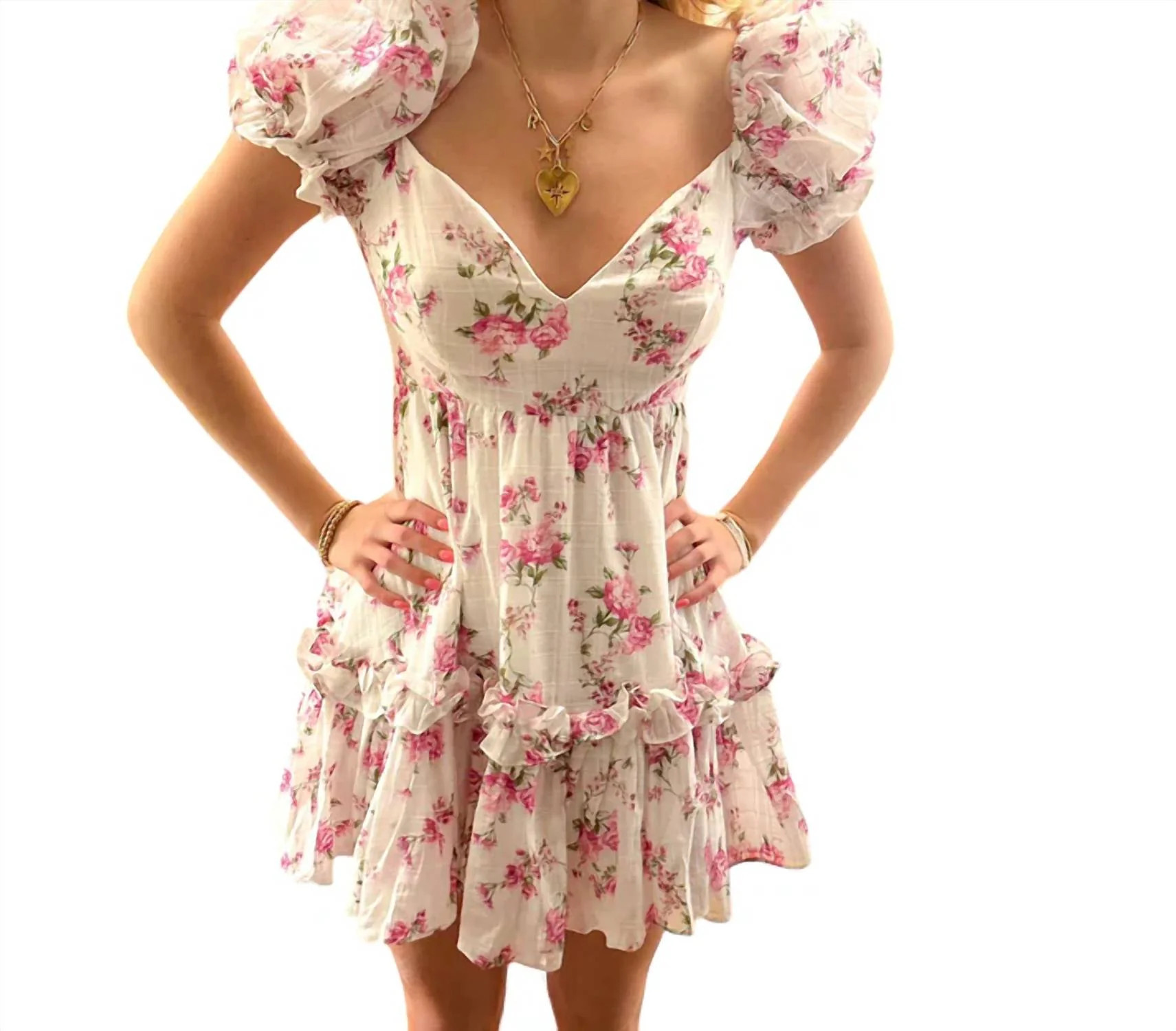 Floral Puff Sleeve Open Back Dress In Soft Pink Rose | Shop Simon