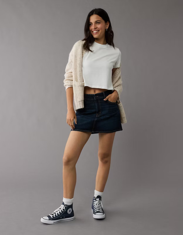 AE Stretch High-Waisted Perfect Denim Mini Skirt | American Eagle Outfitters (US & CA)