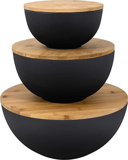 Salad Bowl with Lid - Large Salad Bowl Set of 3 with Wooden Lids, Bamboo Fibre like Melamine Mixi... | Amazon (US)