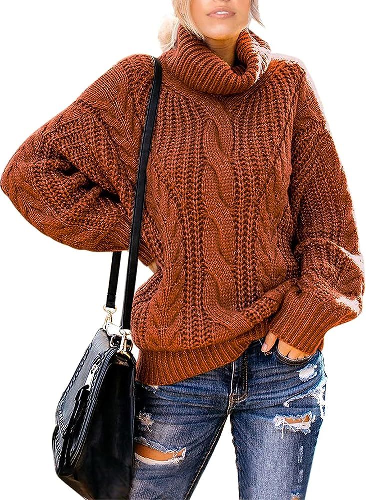 FARYSAYS Women's Casual Turtleneck Long Sleeve Loose Chunky Cable Knit Pullover Sweater Outerwear | Amazon (US)