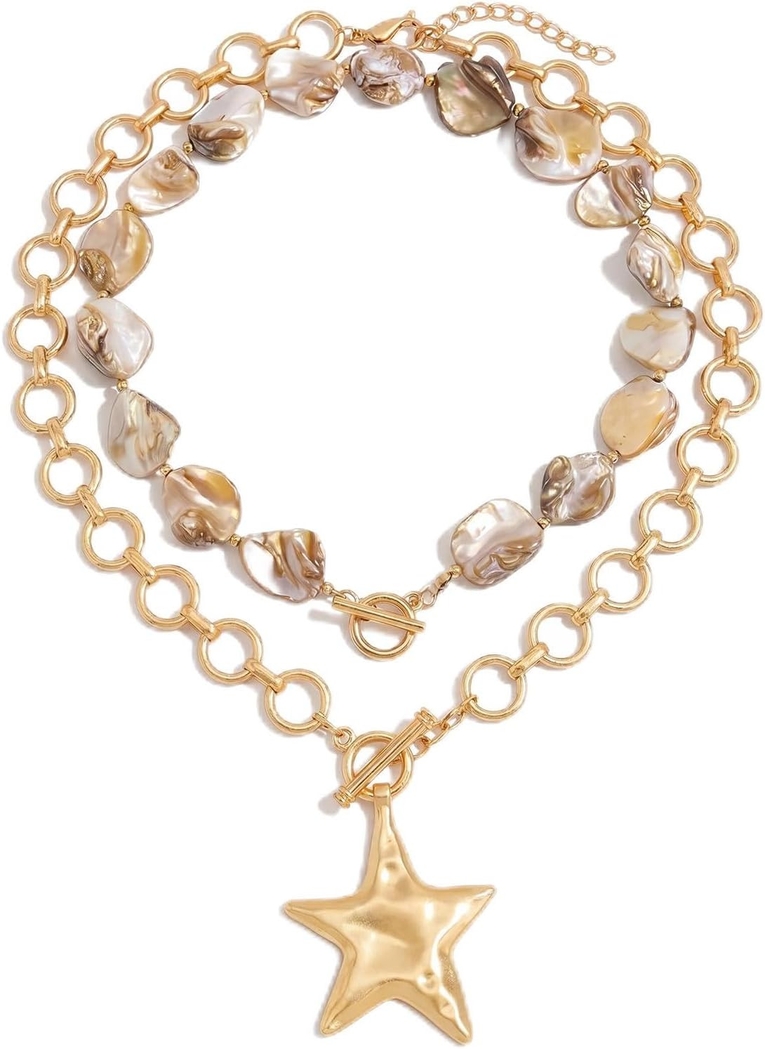 Kigeli 2 Pcs Chunky Star Shell Necklace for Women Layered Seashell Stars Necklaces Gold Large Star Pendant Pearl Shell Beaded Choker Summer Beach Jewelry Gifts for Mother's Day Wedding Vacation | Amazon (US)