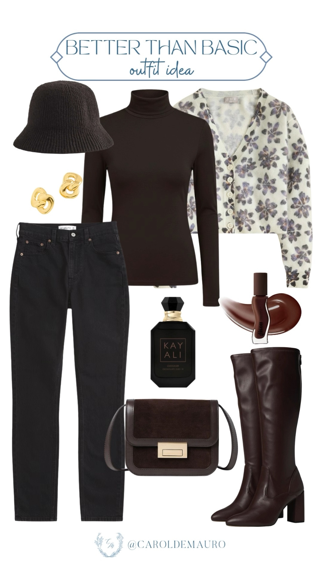 How to elevate your everyday outfit rotation? Try out these chocolate tones and a touch of floral. You'll love the black jeans paired with a brown turtleneck shirt layered with a cute cardigan and dark espresso leather boots.

casual chic, street wear, outfit inspo, petite style, winter looks, wardrobe staples, ootd, fashion accessories

#LTKSeasonal #LTKFindsUnder50 #LTKU
