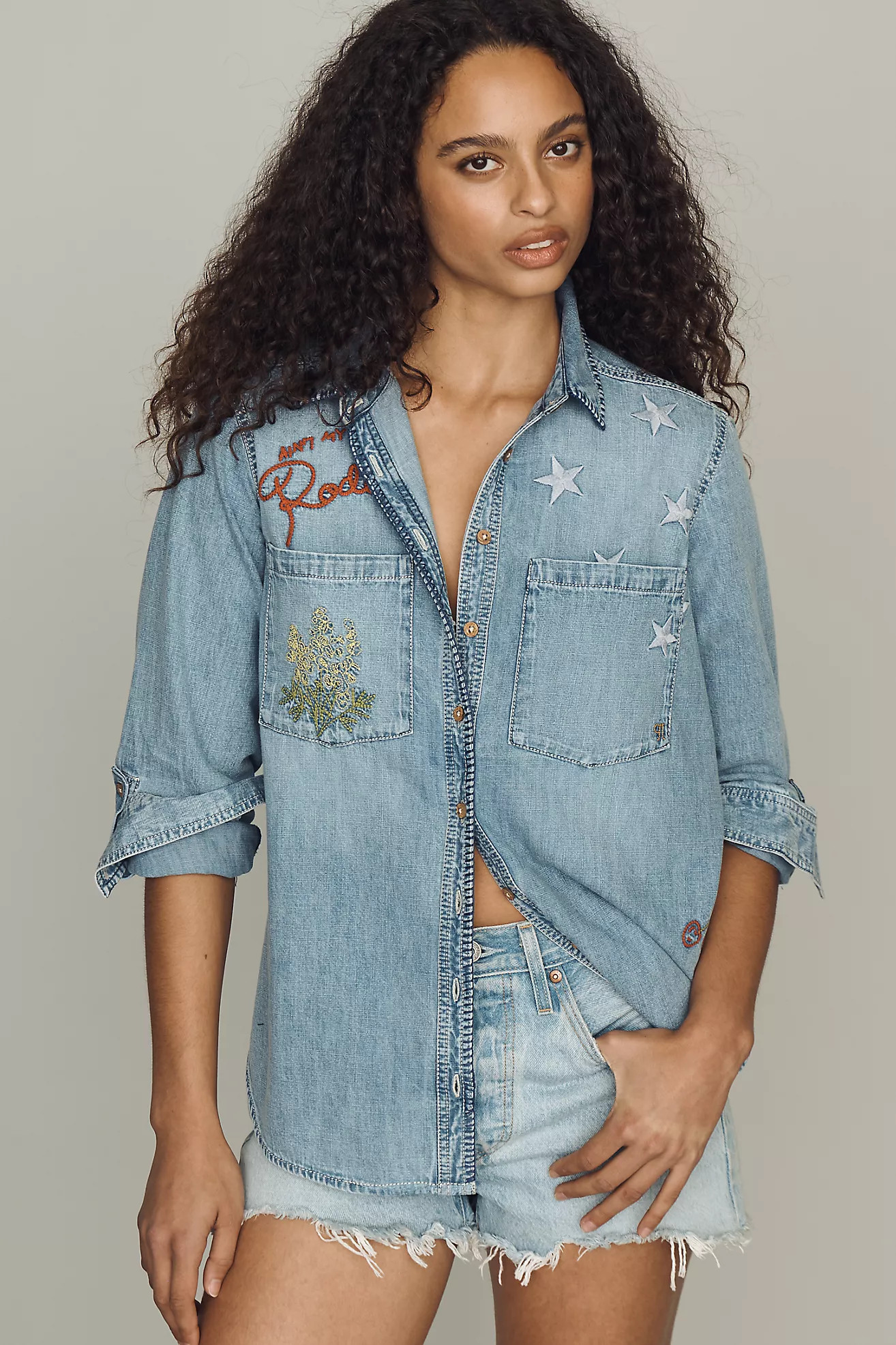 Pilcro Long-Sleeve Embroidered Icon Denim Buttondown Shirt | Anthropologie (US)