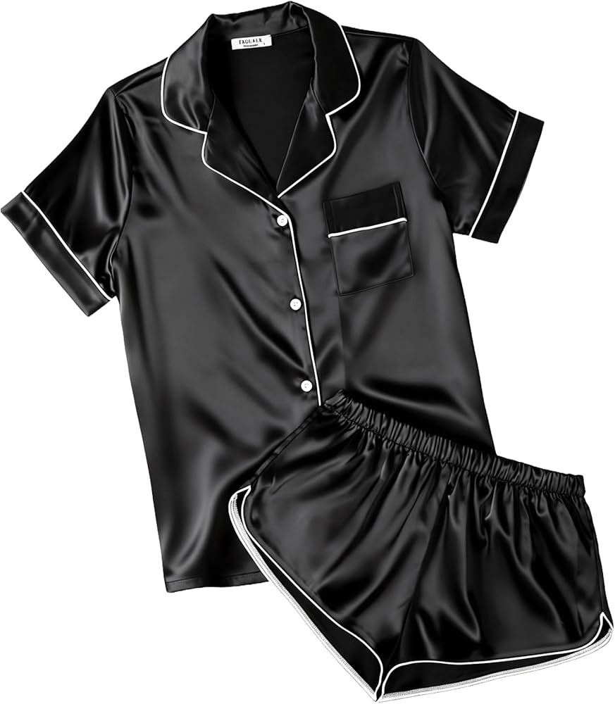 Ekouaer Womens Silk Satin Pajamas Short Sleeve PJS Shorts Set Soft Button Down Sleepwear 2 Piece ... | Amazon (US)