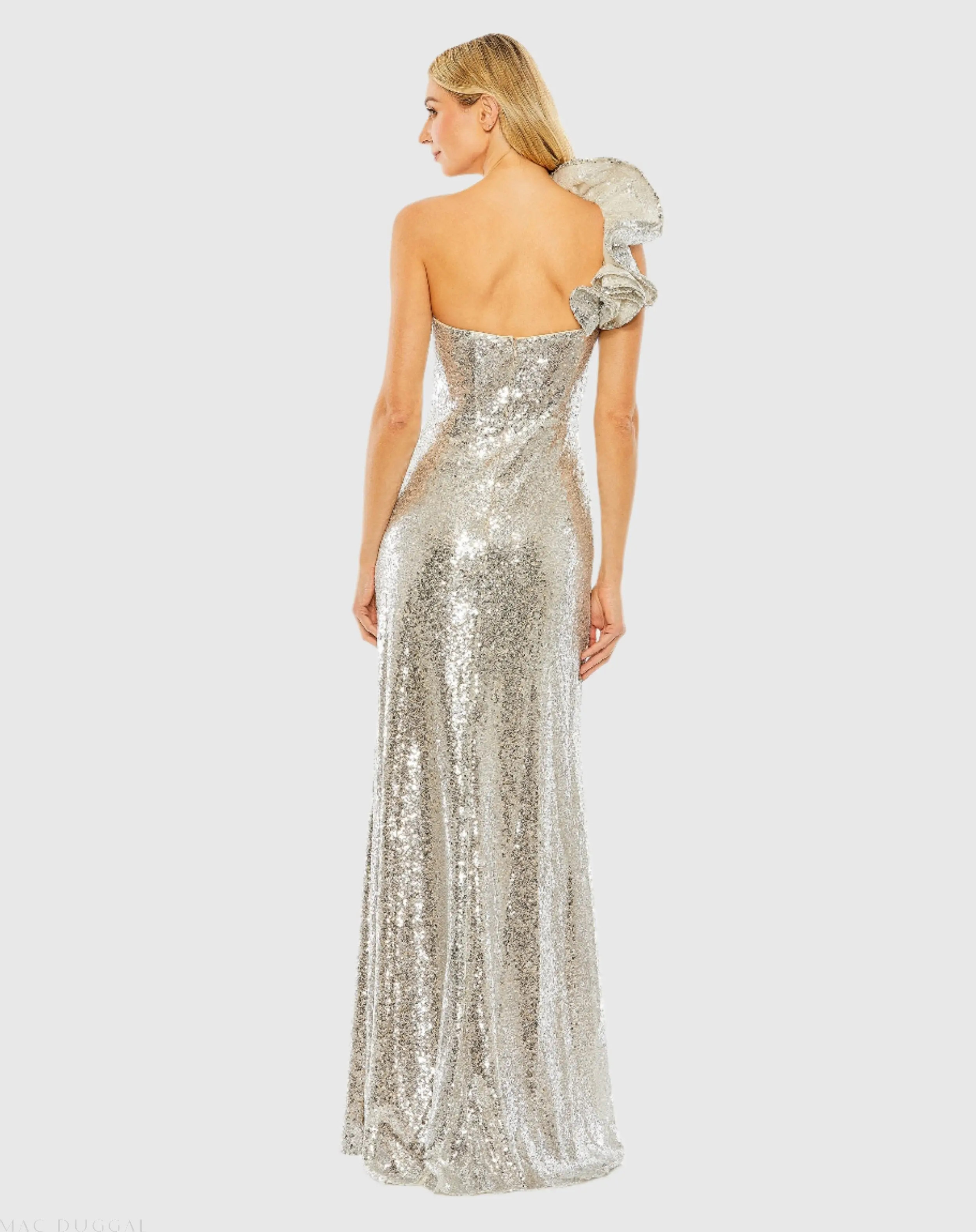 Silver Sequin Ruffled One Shoulder Gown - Mac Duggal | Mac Duggal