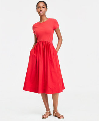 Women's Short-Sleeve Curved-Waist Mixed-Media Midi Dress | Macy's