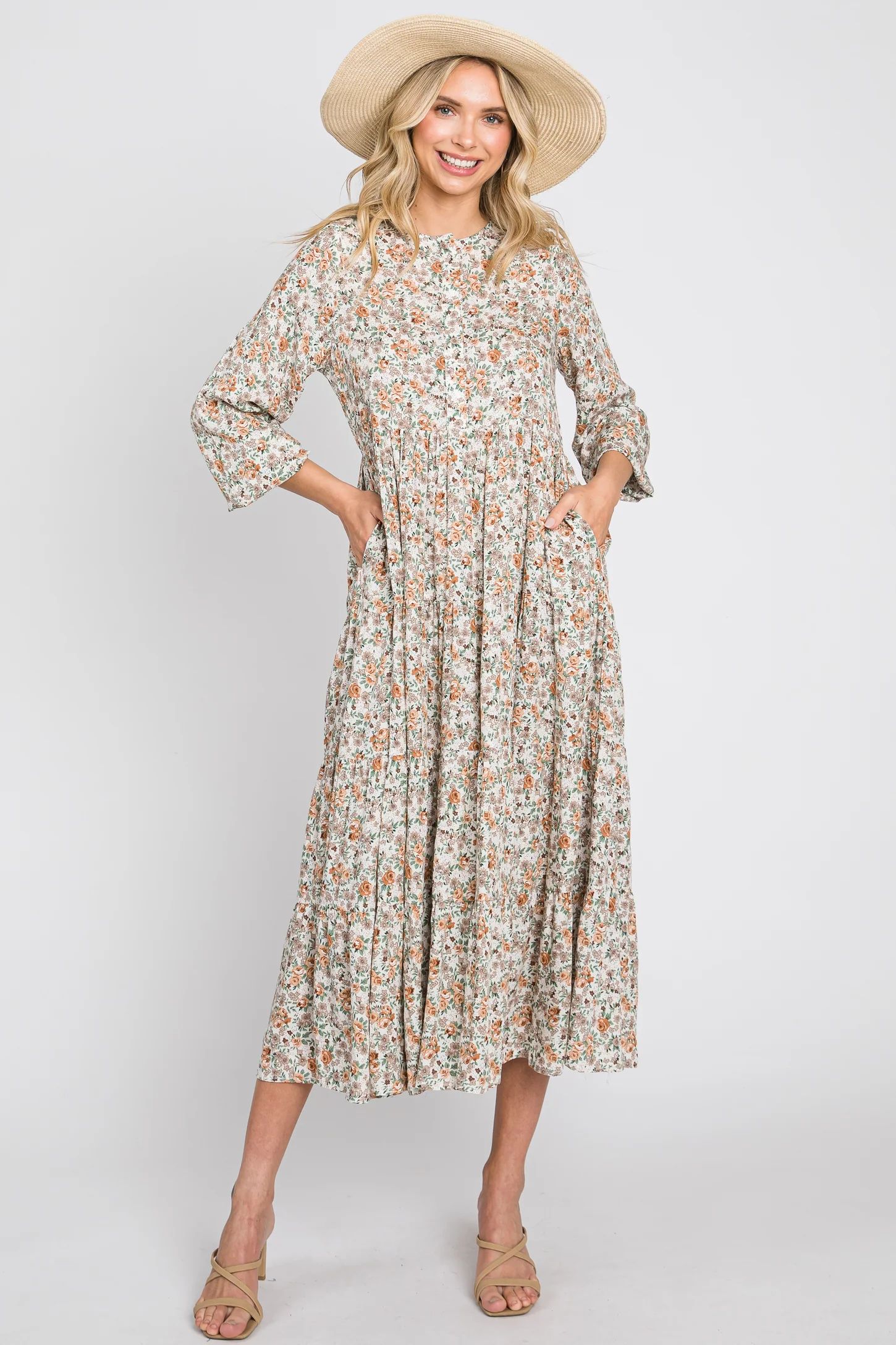 Beige Floral Button Front Long Sleeve Tiered Midi Dress | PinkBlush Maternity
