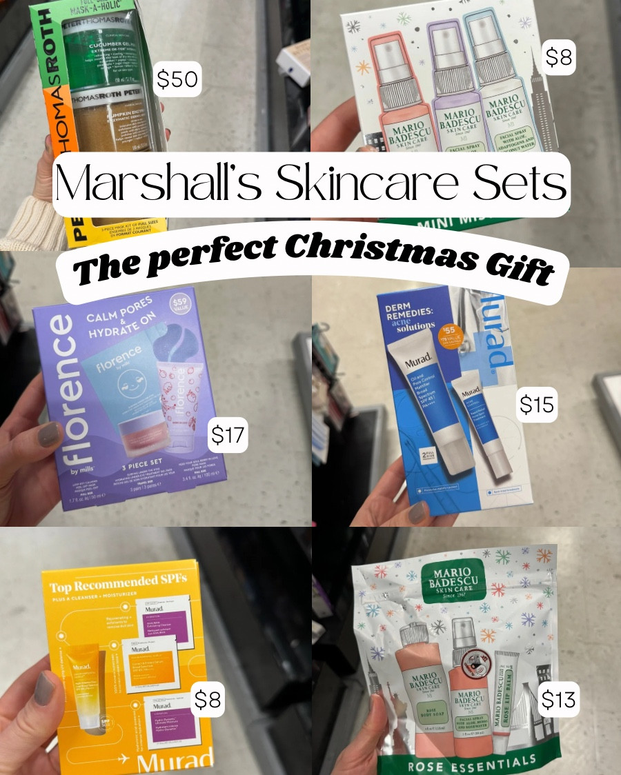Marshall’s Skincare sets

Florence by Mills Calm Pores & Hydrate On
-Includes eye masks, a pore mask, and a peel off mask
-A 3 piece set
-$59 value for $17

Murad Acne Solutions
-A oil and pore control mattifier broad spectrum SPF and a rapid relief acne spot treatment
-A 2 piece set
-$55 value for $15

Mario Badescu Rose Essentials
-A rose body soap, a facial spray, and a lip balm
-A 3 piece set
-$12.99

Murad Top Recommended SPFs
-A sunscreen, a exfoliating cleanser, and a moisturizer
-A 4 piece set
-$7.99

Mario Badescu Mini Mist Trio
-A rose facial spray, a chamomile and lavender facial spray, and a adaptogen and coconut water facial spray
-A 3 piece set
-$7.99

Peter Thomas Roth Mask-A-Holic
-A 3 piece set with full sized masks
-$49.99
-Each mask regularly is $60
-Includes a cucumber gel mask, a pumpkin enzyme mask, and a 24k gold mask
