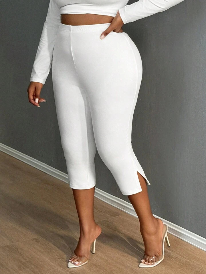 SHEIN SXY Women Plus Curve  Solid Split Cropped Leggings, Casual Elastic Waist Every Day Stretchy... | SHEIN