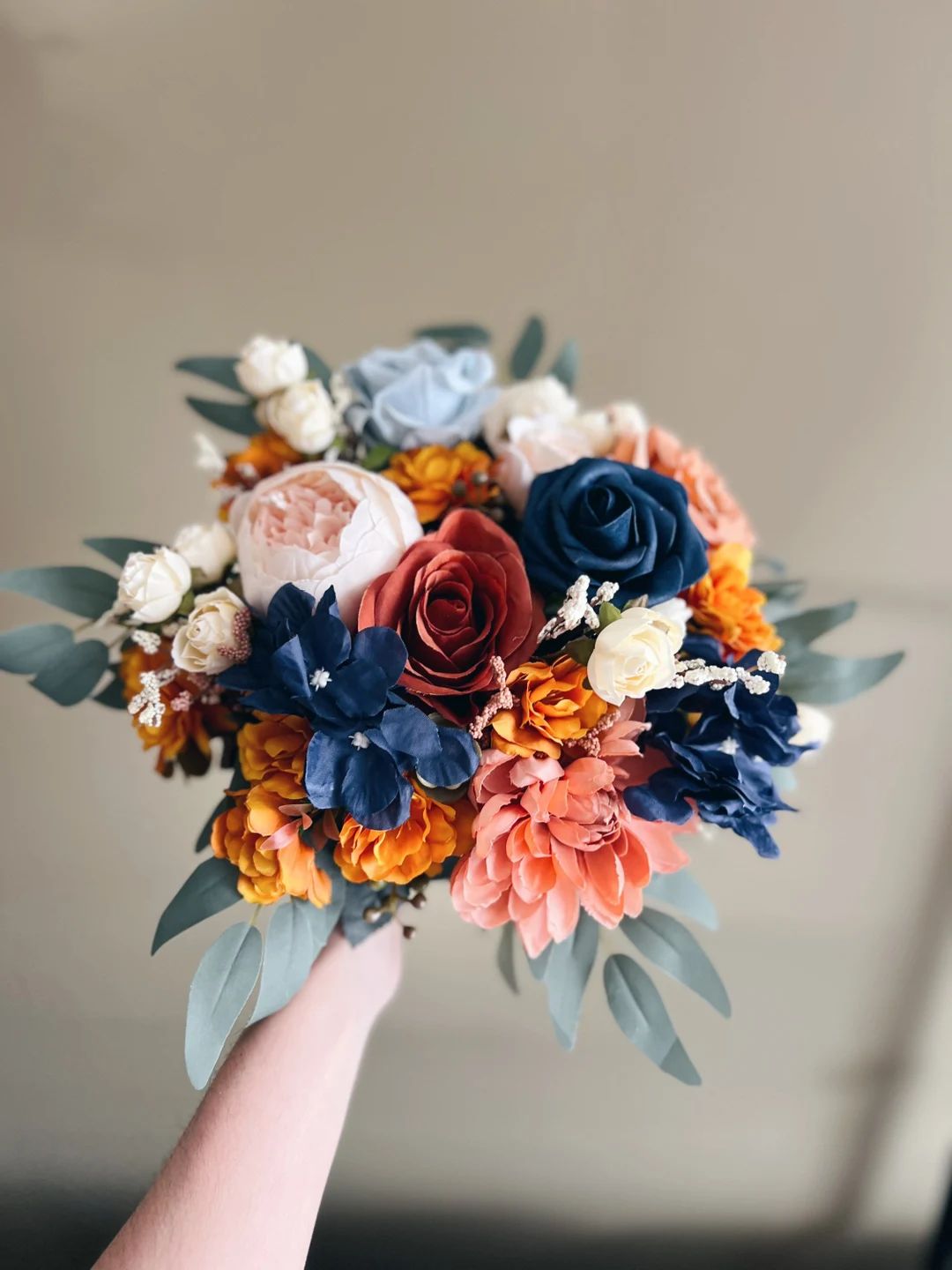 Wedding bouquet with navy blue and rust orange flowers, bridesmaids bouquets, rust orange bouquet... | Etsy (US)