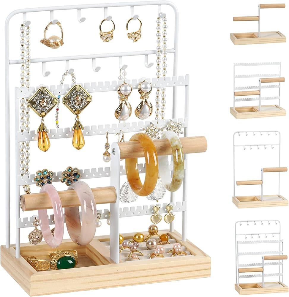 Jewelry Holder Organizer Jewelry Organizer with Earring Organizer Necklace Bracelet Holder, 3 Tie... | Amazon (US)