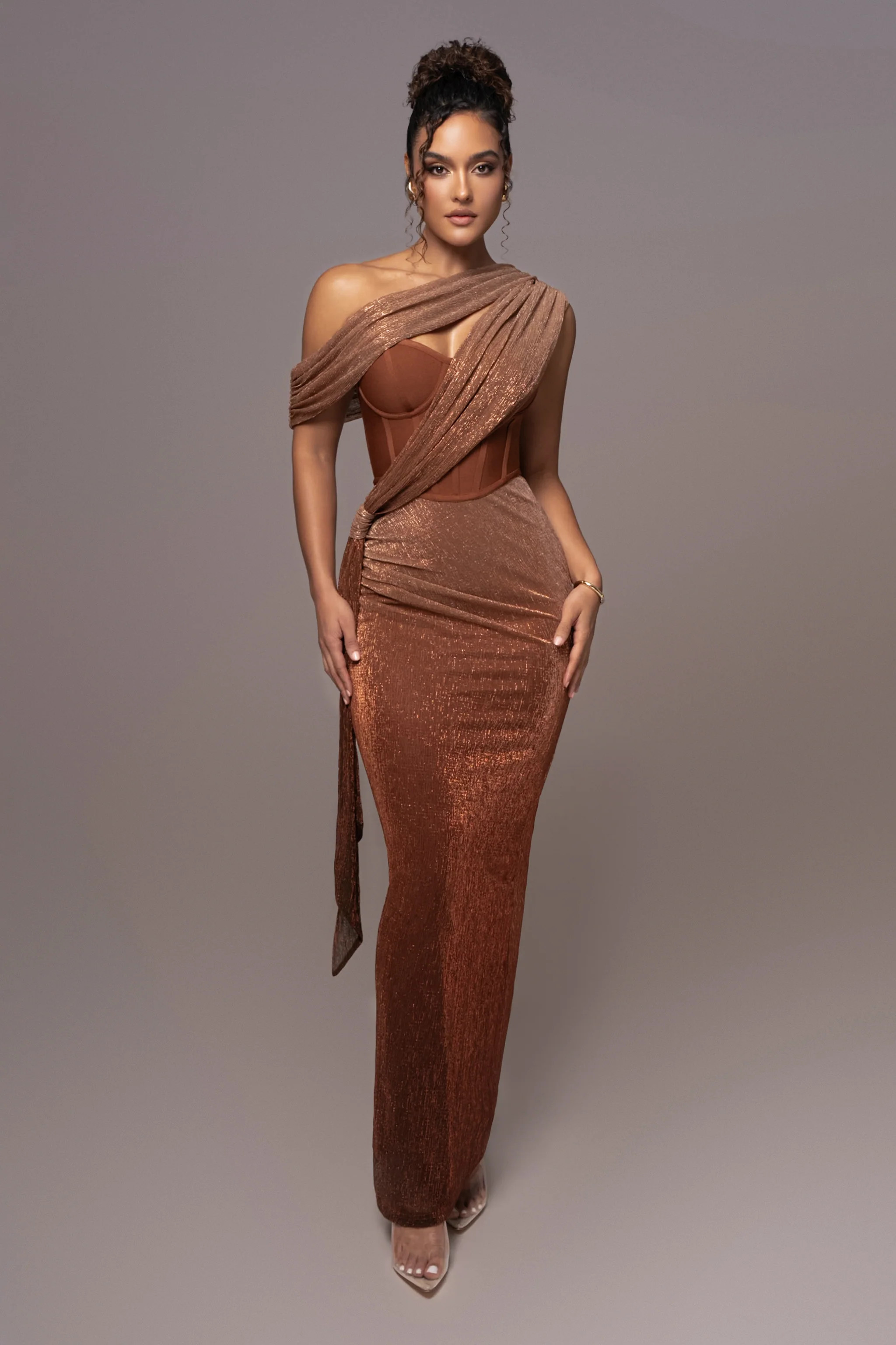 Gold Celestina Draped Maxi Dress | JLUXLABEL