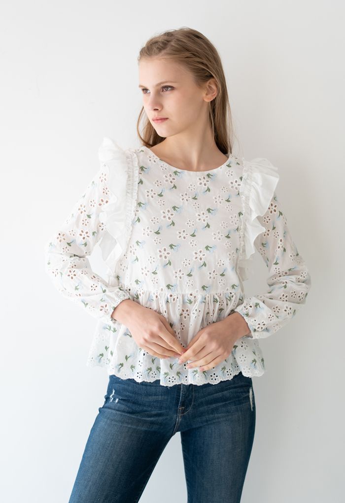 Embroidered Blue Posy Eyelet Tassel Top | Chicwish