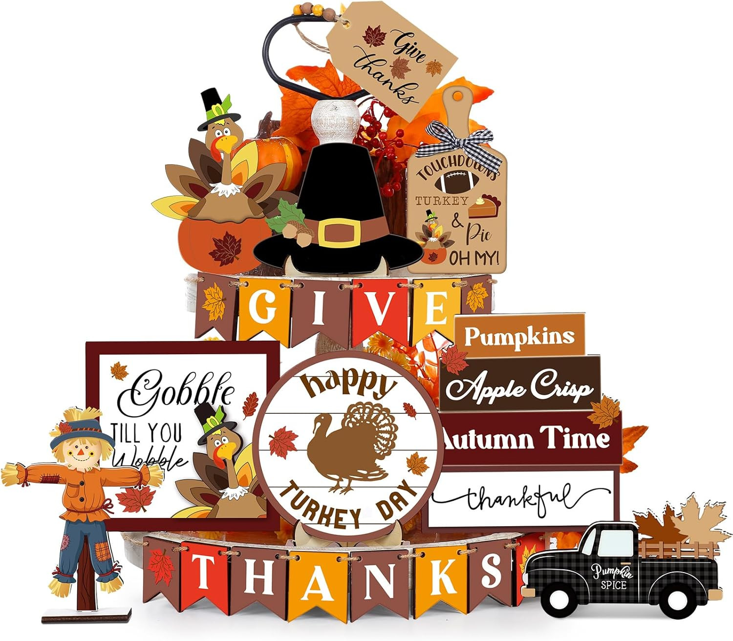 24 Pcs Thanksgiving Tiered Tray Decoration Fall Thanksgiving Decoration Farmhouse Rustic Wooden S... | Amazon (US)