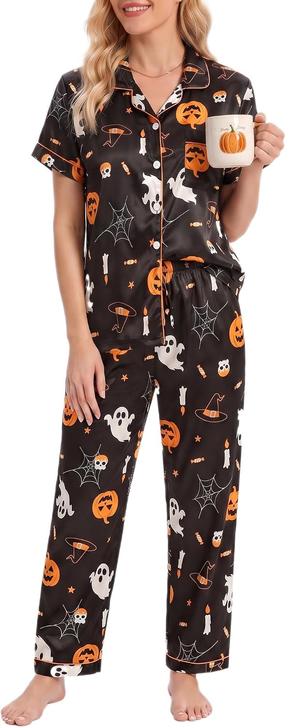 YIJIU Womens Silk Satin Pajamas Set Short Sleeve Sleepwear Button Down Pjs | Amazon (US)