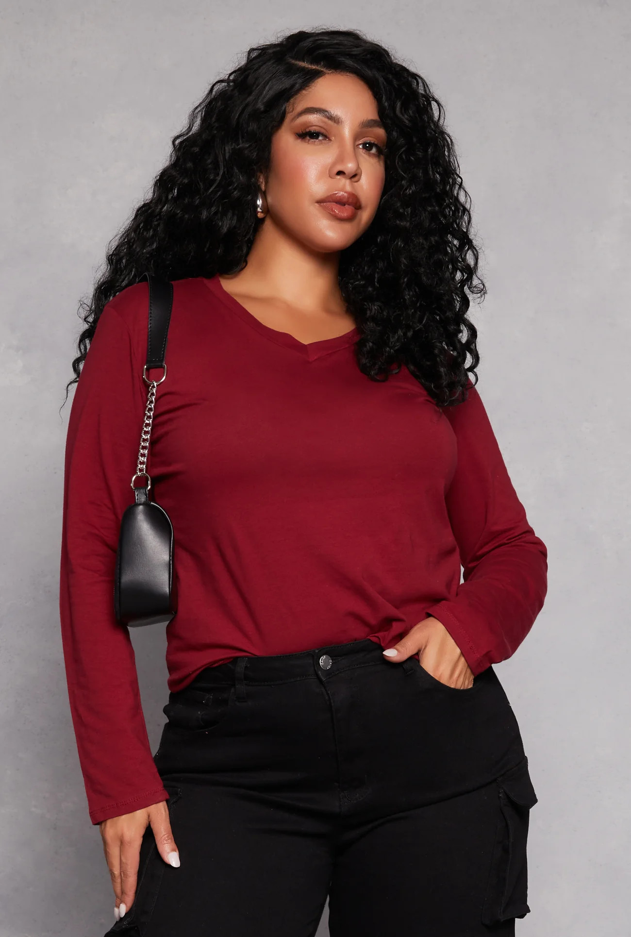 Plus Size Long Sleeve V Neck T Shirt | Rainbow Shops