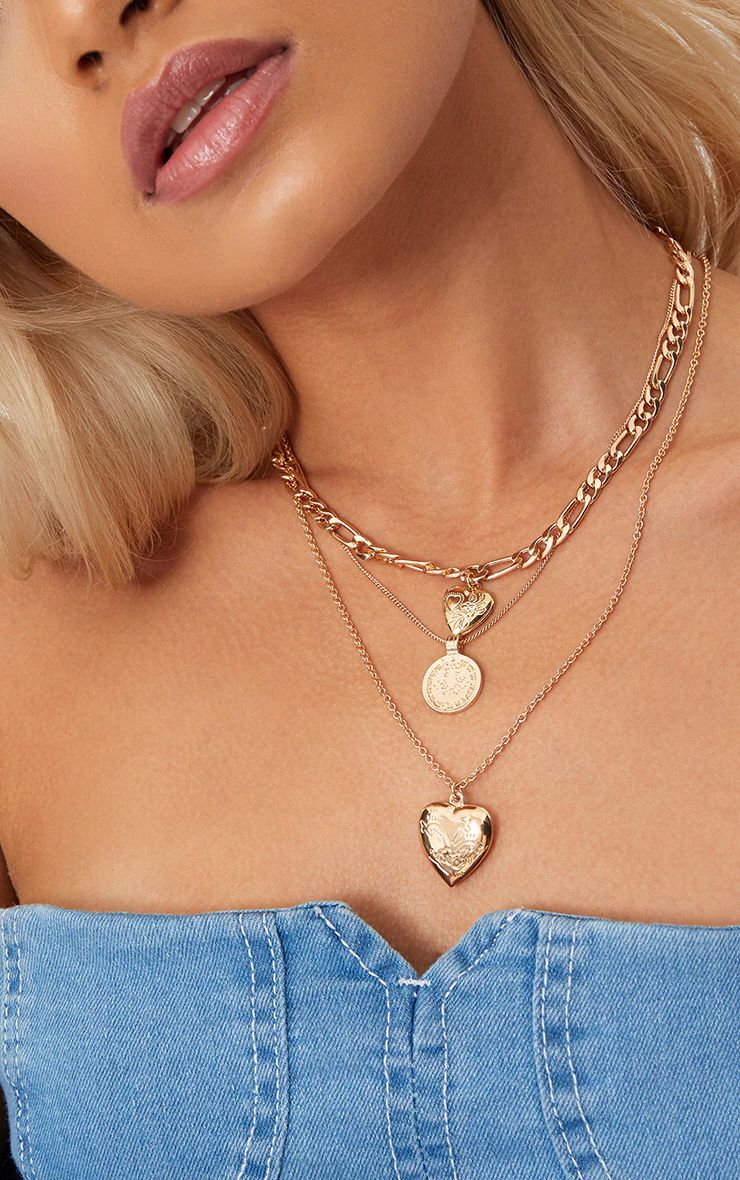 Gold Triple Layered Heart Necklaces | PrettyLittleThing US