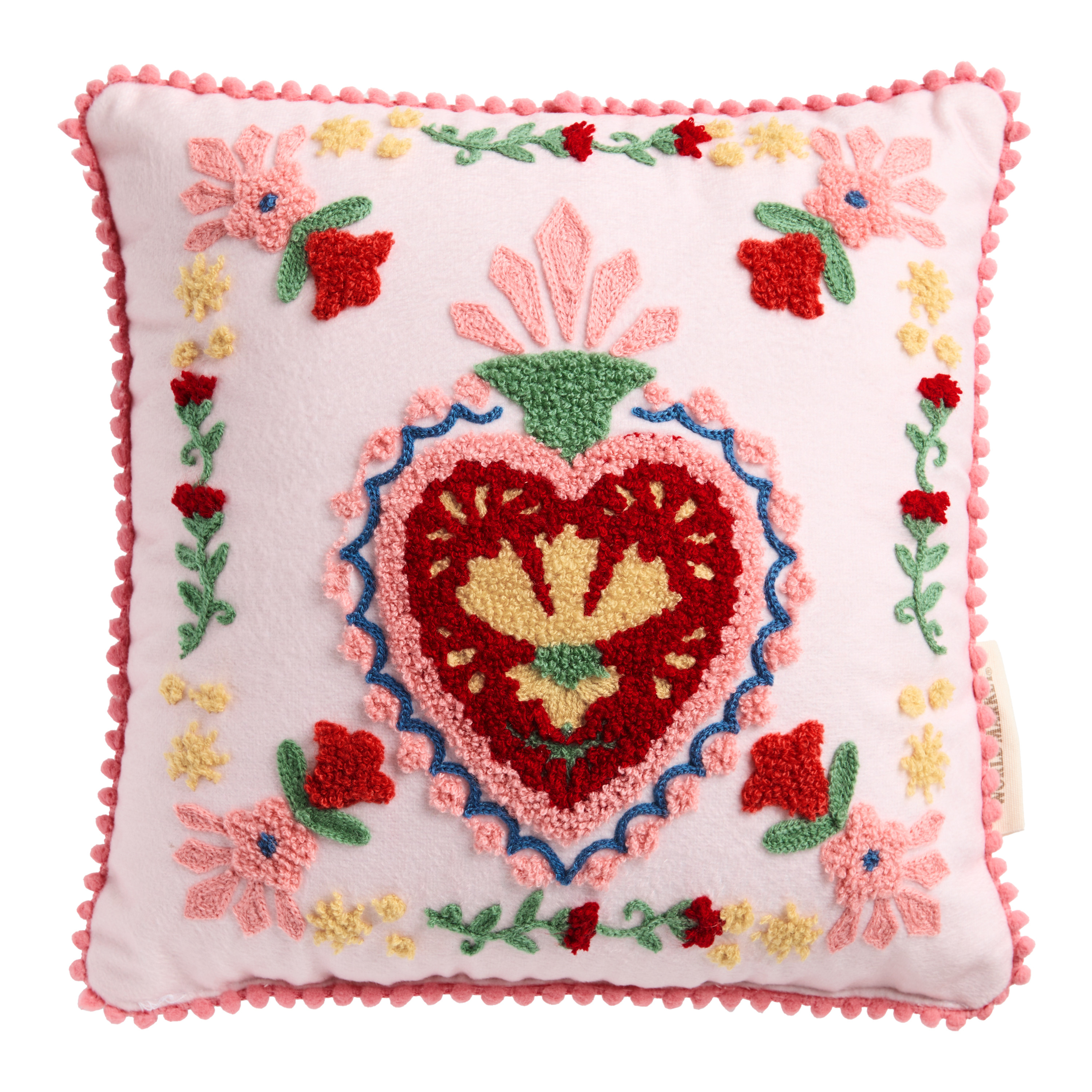 Small Light Pink Velvet Milagro Heart Embroidered Throw Pillow | World Market