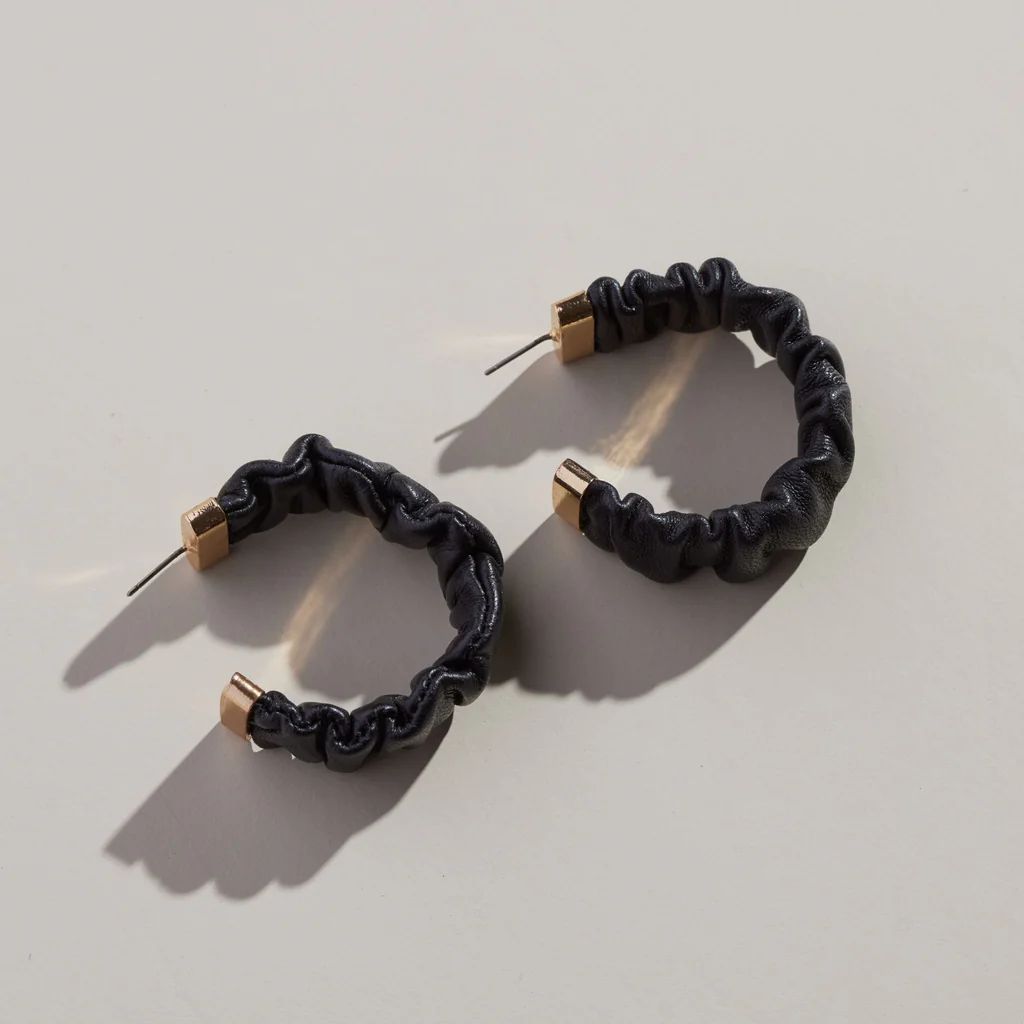 Black Rosalia Ruched Leather Hoops | Nickel and Suede