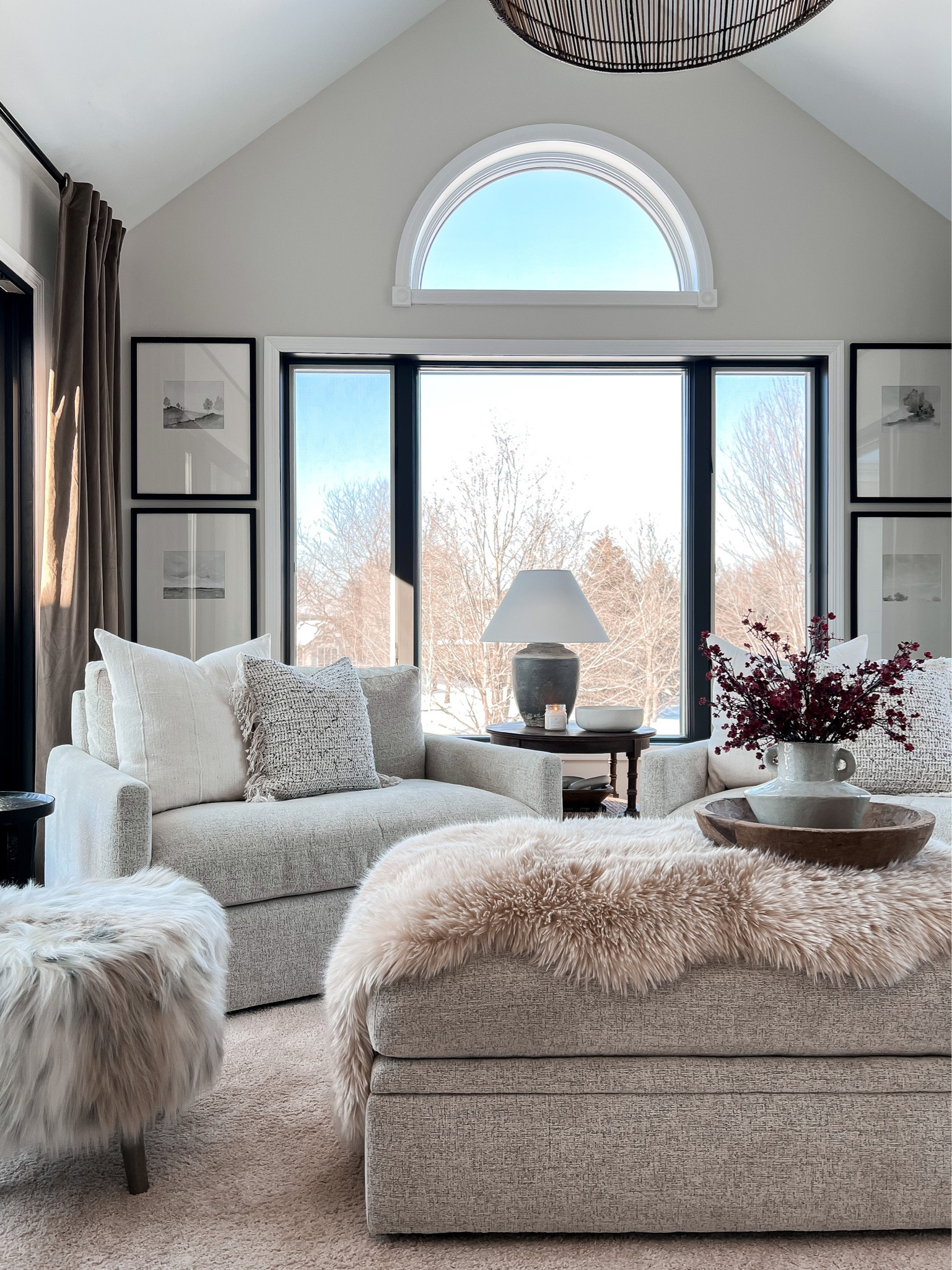 Cozy winter sunroom decor, kipton chairs, kipton storage ottoman, Fau fur round ottoman, arhaus furniture, amazon home, amazon curtains, brown velvet curtains, taupe velvet curtains, digital artwork, 

#LTKhome #LTKstyletip