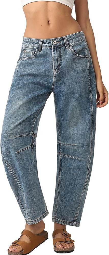Barrel Jeans Women Wide Leg Low Rise Barrel Denim Pants Vintage Horseshoe Jeans with Pockets | Amazon (US)