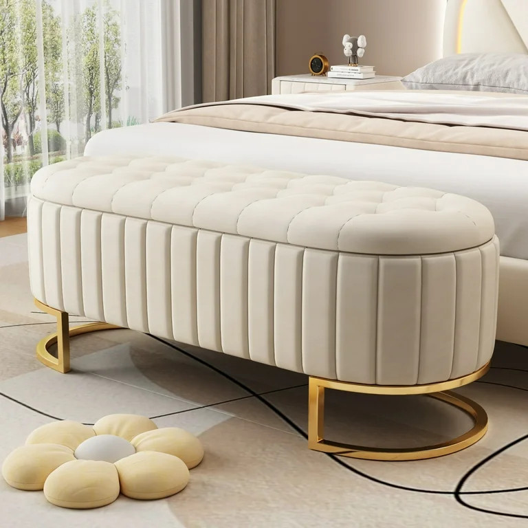 Euroco Upholstery Storage Ottoman Bench, Velvet and Button-Tufted Bench with Metal Legs for Livin... | Walmart (US)
