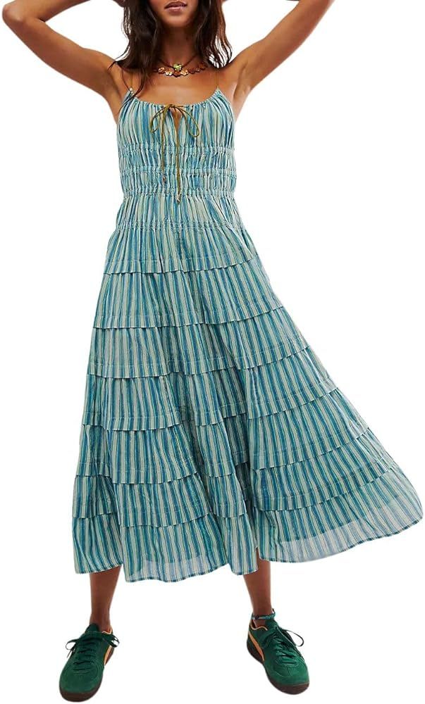 chouyatou Women's Sexy Spaghetti Strap Striped Smocked Dress Back Cut Out Flowy Swing Tiered Midi... | Amazon (US)