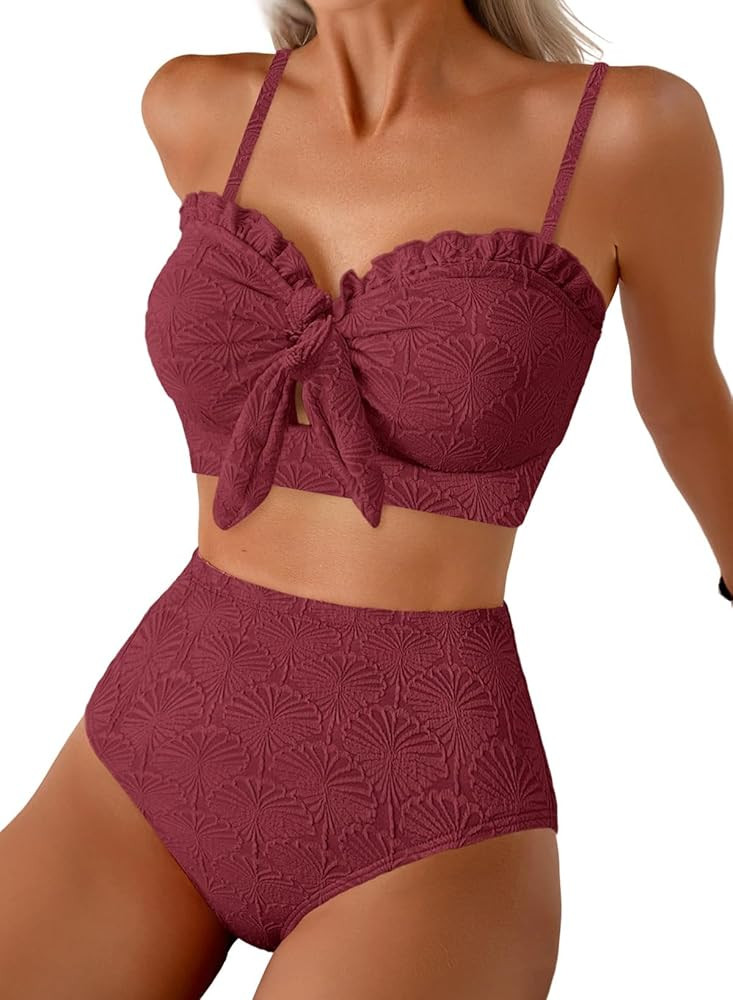 Herseas Women's Seashell Textured Bikini Sets Knotted Front 2 Piece Swimsuits Ruffle Trim Bathing... | Amazon (US)