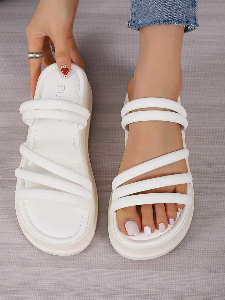Ladies Minimalist White Thick-Soled Sandals With Multiple Thin Straps | SHEIN USA | SHEIN
