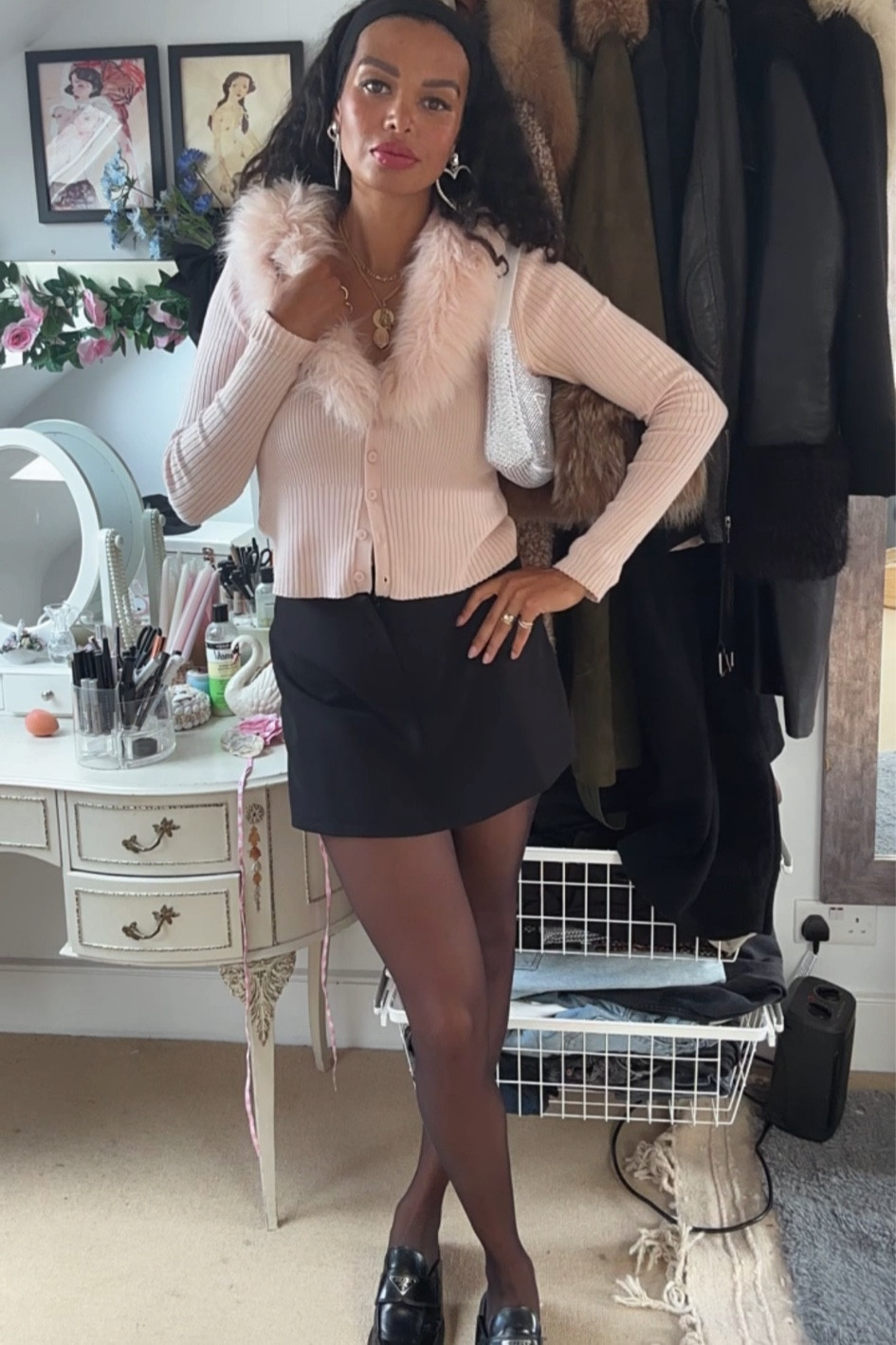 Back to school vibes ✌🏽 pink cardigan, for collar cardigan, faux fur, mini skirt, Prada loafers, diamanté bag, 

#LTKshoecrush #LTKSeasonal #LTKstyletip