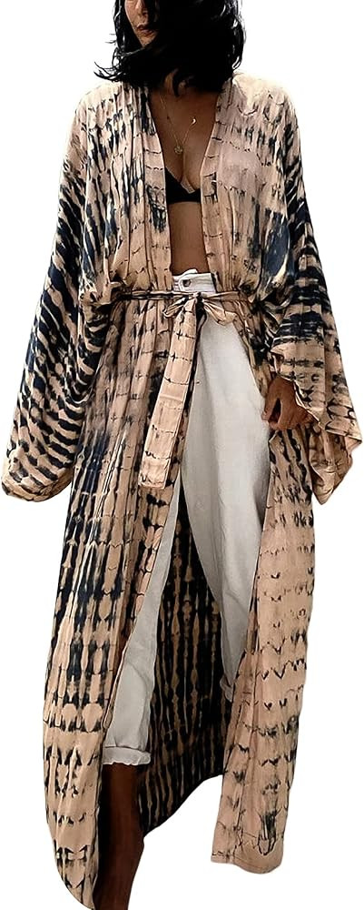 Women's Beach Cover Ups Open Front Tie Dye Maxi Cardigan Kimono Swimsuit with Belts | Amazon (US)