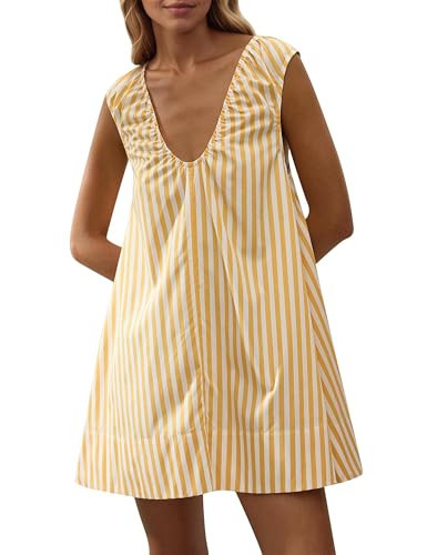 MISSACTIVER Women's Sleeveless Babydoll Tank Mini Dress Scoop Neck Ruched Short Dress with Side Pockets Summer Party Dresses | Amazon (US)