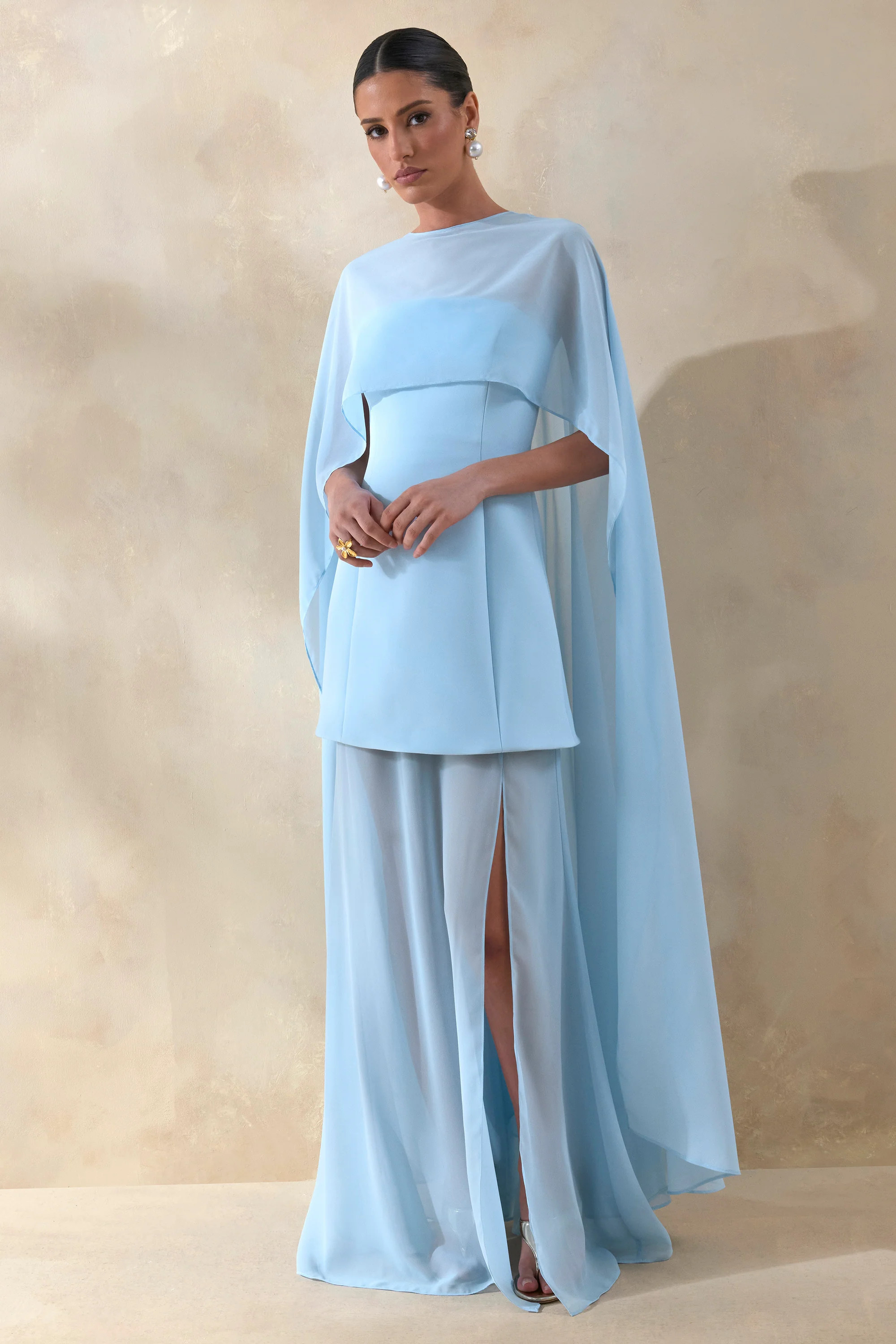 Chessa | Powder Blue Boat-Neck Maxi Dress With Sheer Cape | Club L London