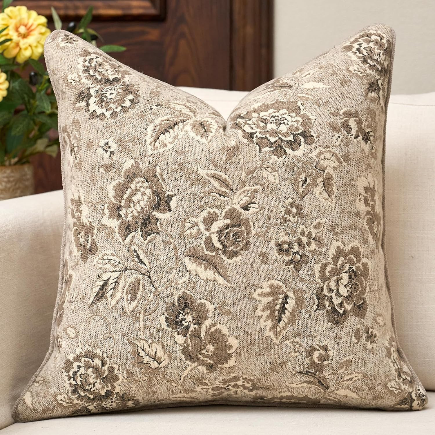 Throw Pillow Cover 20x20, Beige Vintage Floral Fall Decorative Pillow Cover | Amazon (US)