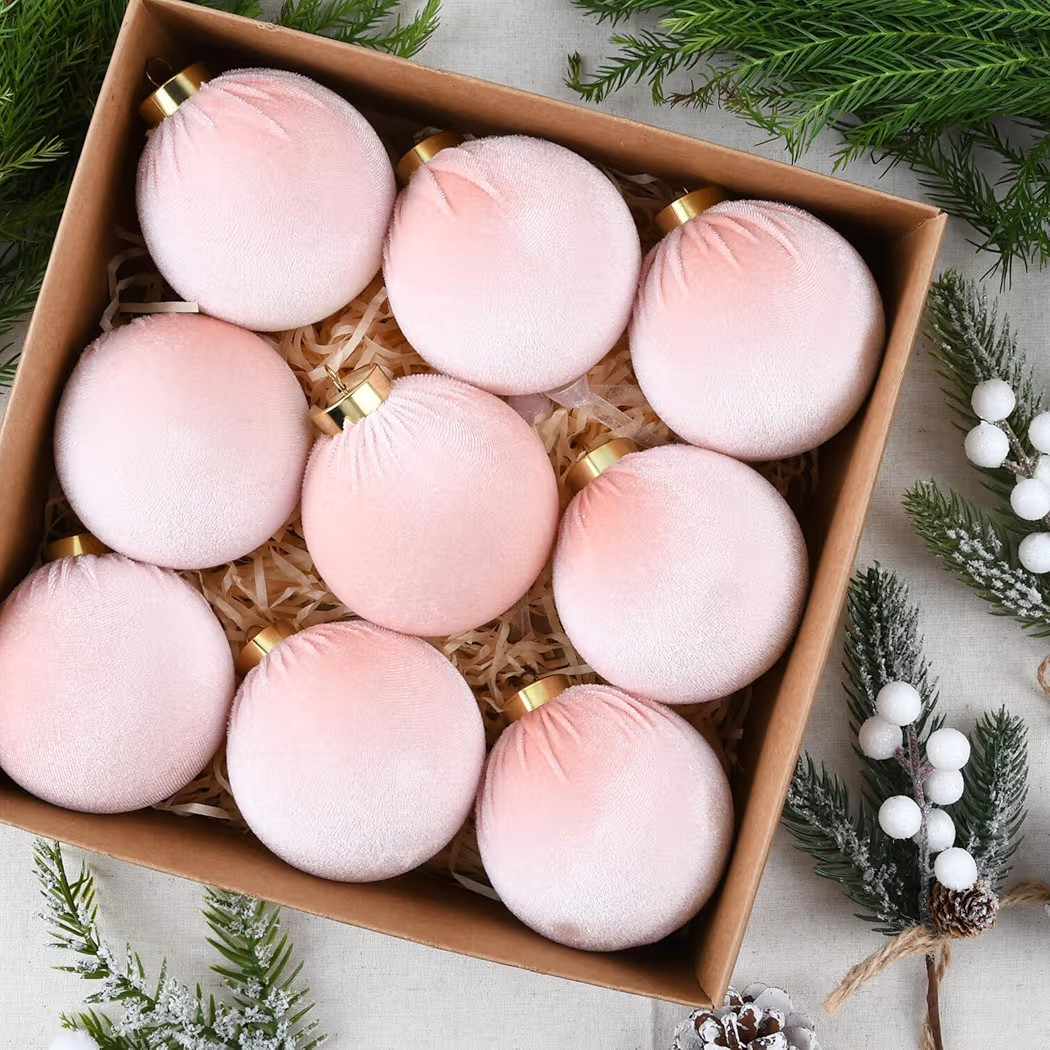 Velvet Ornaments for Christmas Tree Decorations - Light Baby Pink Xmas Ball Ornament for Indoor Holiday Decor - Shatterproof Christmas Bulbs Ornaments 80mm 3.15inch - Pack of 9 | Amazon (US)
