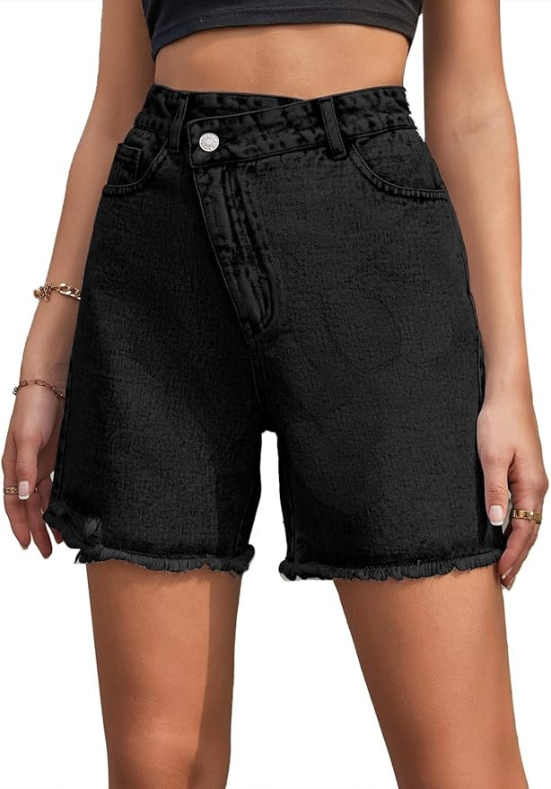 Ladyful Women's High Waisted Criss Crossover Denim Shorts | Amazon (US)