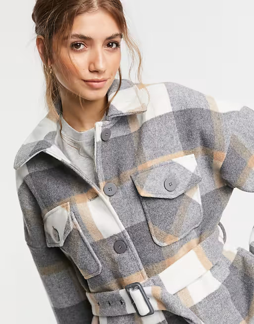 Pieces longline shacket in gray plaid | ASOS (Global)
