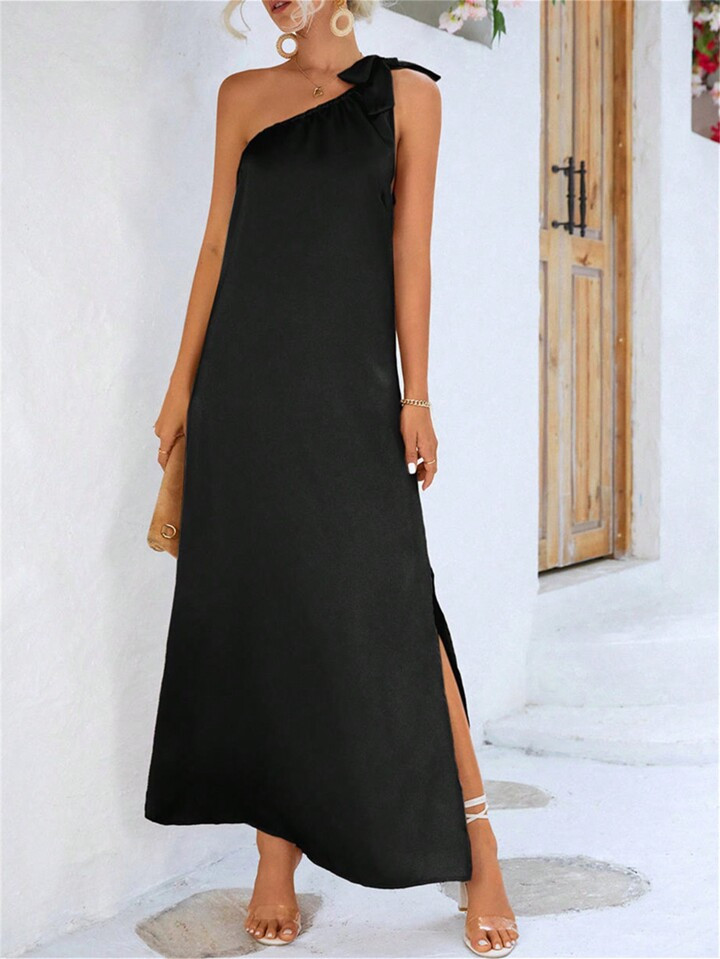 One Shoulder Strap Solid Color High Slit Dress | SHEIN
