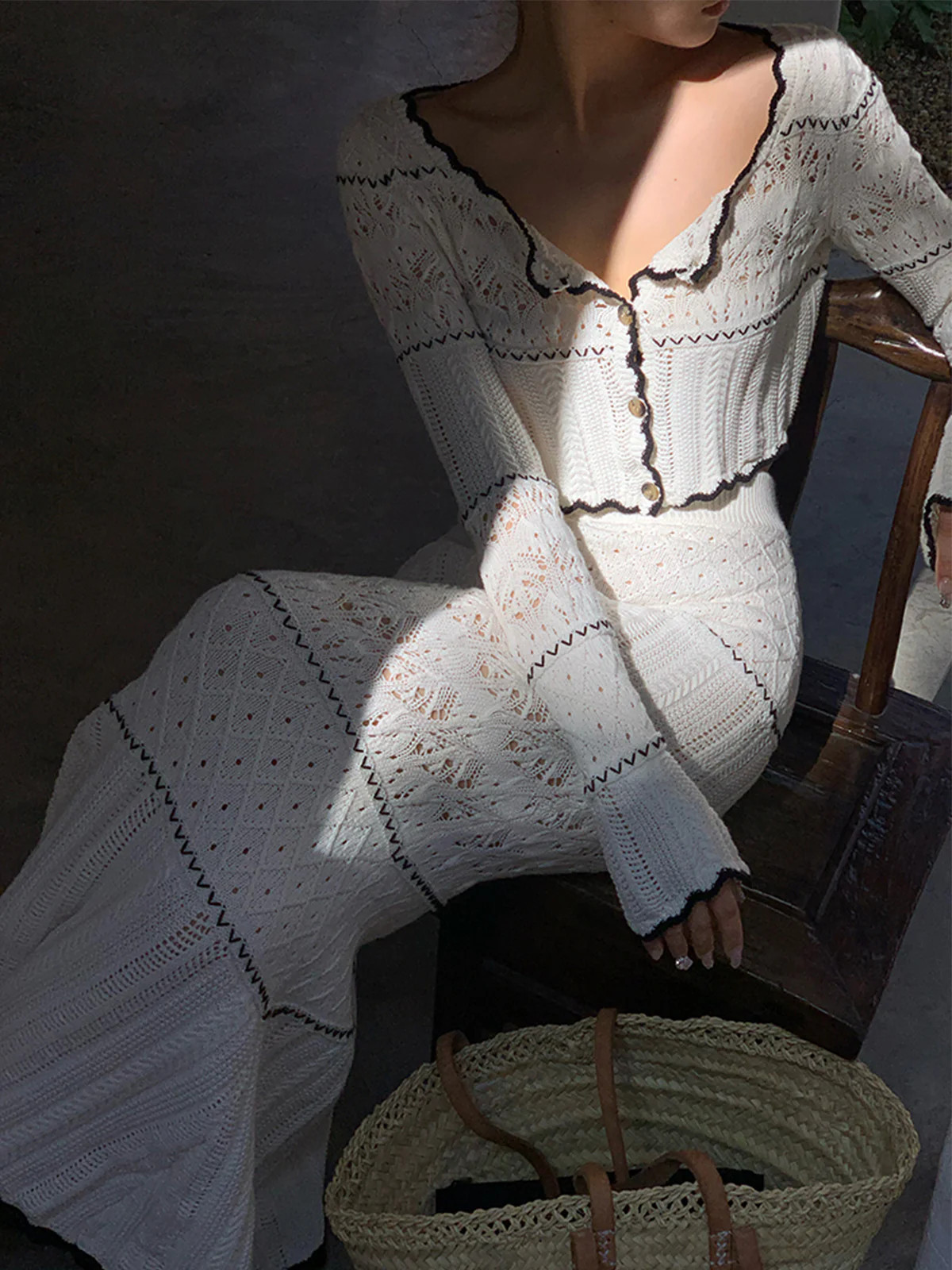 Contrast Binding Knit Maxi Skirt | Commense