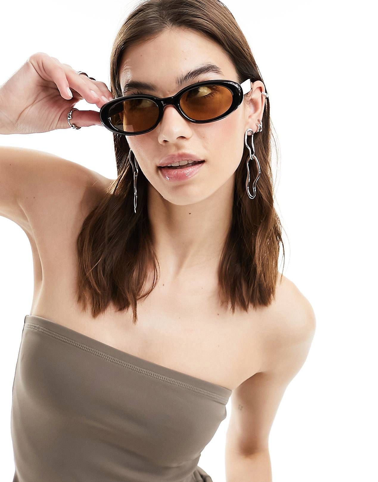 ASOS DESIGN bevel oval sunglasses in black with brown lens | ASOS | ASOS (Global)