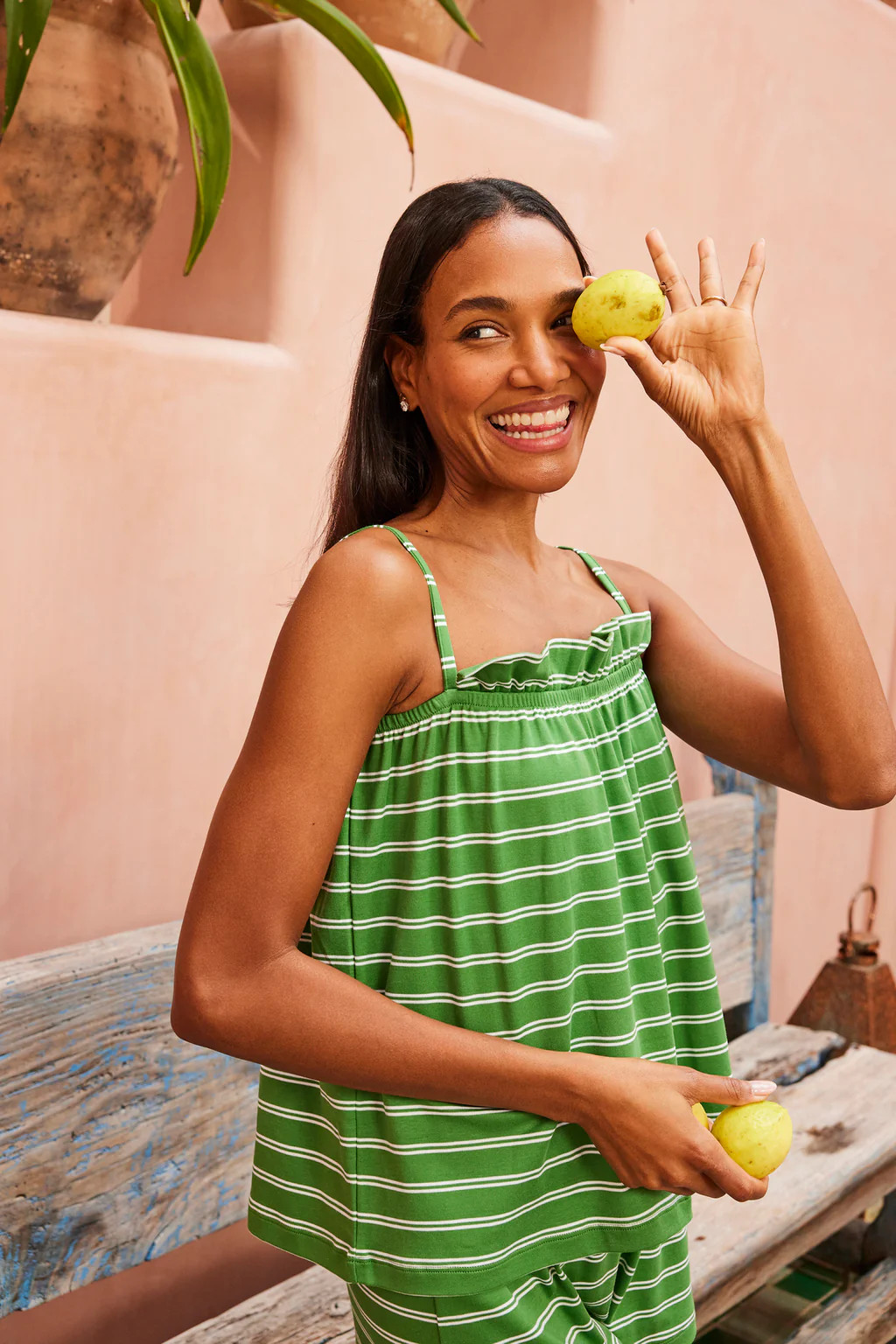 Pima Ruffle Shorts Set in Palm Tidal Stripe | Lake Pajamas
